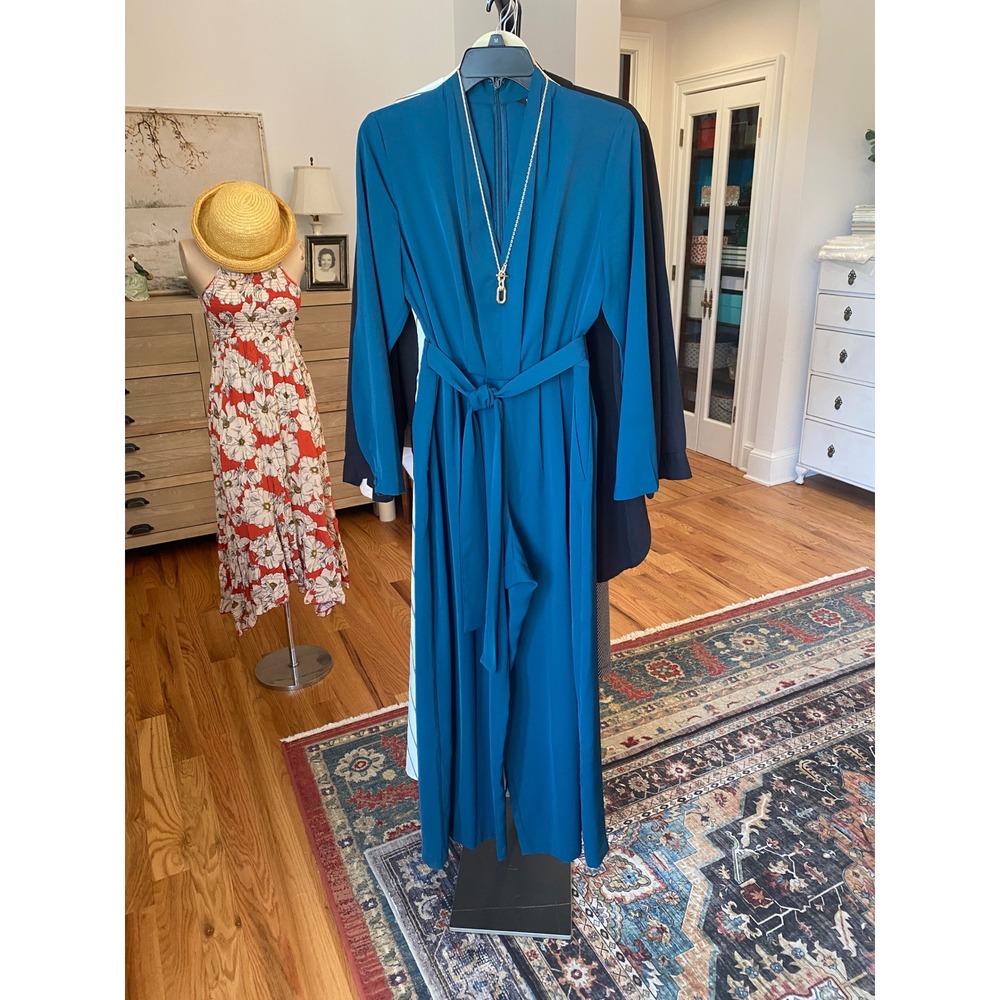 Banana Republic Teal Blue Wide Leg Long Sleeve‎ Belted V-Neck Jumpsuit Size M